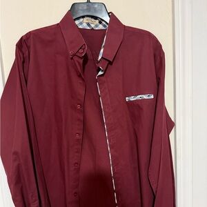 Hotouch Shirt Mens L Maroon Red Flip Cuffs Long Sleeve Button Down Contrast